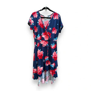 Club Soda Bold Floral Navy Blue Faux Wrap High Low Dress Size 1X